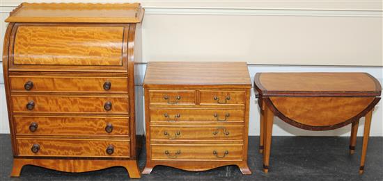 A Fergus Lane miniature George III style satinwood cylinder roll top desk, cylinder bureau 8.5in.